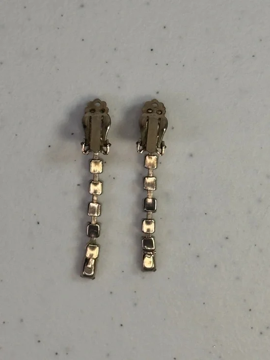 Vintage Amber & Clear crystal Rhinestone Clip-On Drop Earrings + Velvet Gift Bag - Picture 5 of 12